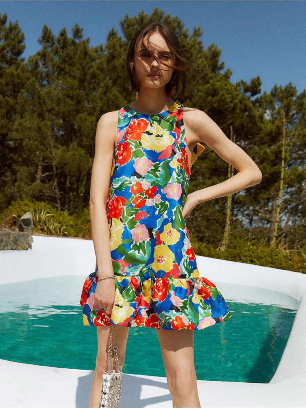 Colorful Floral Ruffled Hem Mini Dress